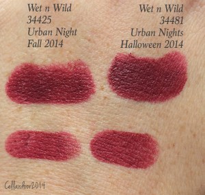 Urban Night from the Fall 2014 collection swatched next to Urban Nights from the Halloween 2014 collection.  I presume that the fall one is supposed to be the matte version of the Halloween shade, but I don't think it looks particularly matte.  These are quite similar.