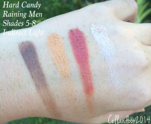 Shade 5 - Shimmer shade with pretty good pigmentation and application. Shade 6 - Shimmer, again, good application and pigmentation. Shade 7 - Shimmer...there is a theme here with the shimmer shades. Shade 8 - Glitter that guess what? Just translates as glitter on the eye.